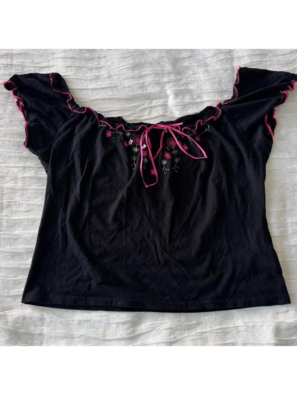 Women's Black and Multi Crop-top
